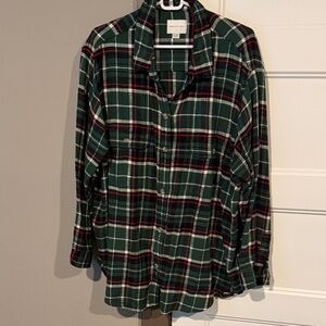 American Eagle Oversized Green Plaid Shirt with White and Red Accents